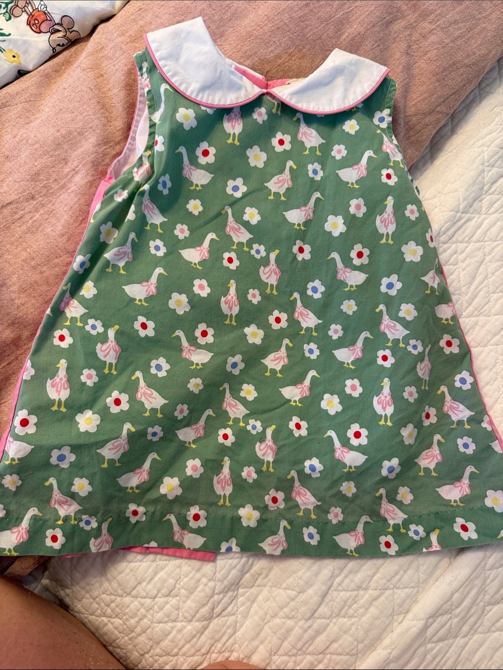 Green Floral & Goose Print Peter Pan Collar Kids Dress